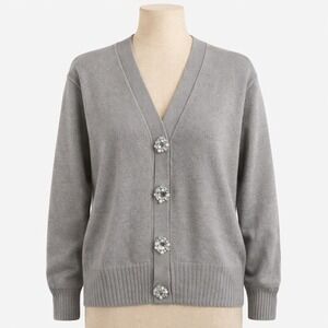100% Wool Jewel Button Cardigan Gray Crystal VNeck Sweater M Maximalist Artsy